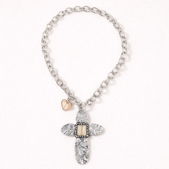 Crave Silver-Tone Paris Cross Necklace with Heart Charm - Picture 4 of 12